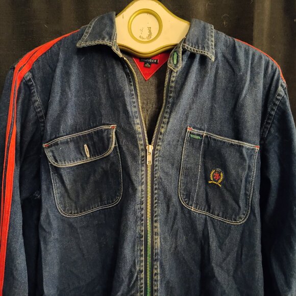 Tommy Hilfiger Vintage Mens XL Crew Denim Spell Out Logo Flag Jacket Jean Shirt - Picture 3 of 7